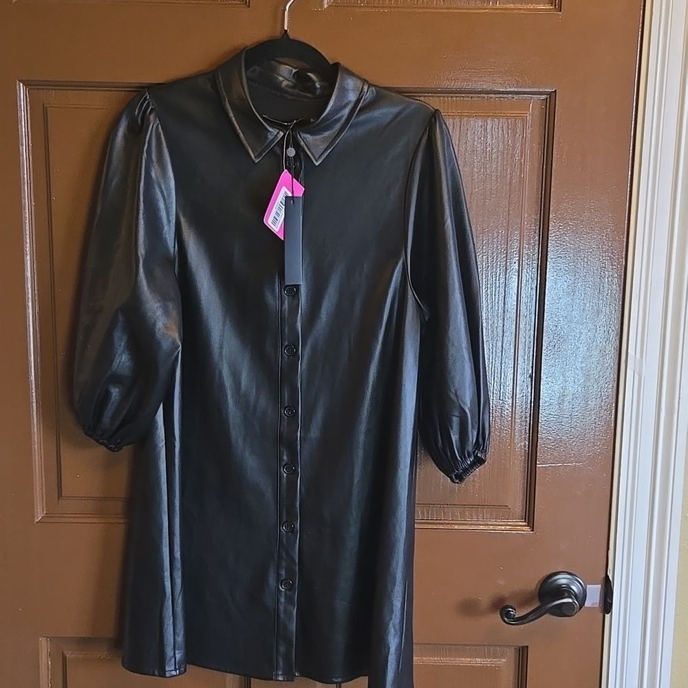 Dolce Cabo-Vegan leather Blk tunic dress with 3/4 sleeves Sz XS NWT.